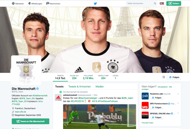 Hoher Nutzwert: Müller, Schweinsteiger und Neuer sind DIE MANNSCHAFT auf Twitter. Screenshot
