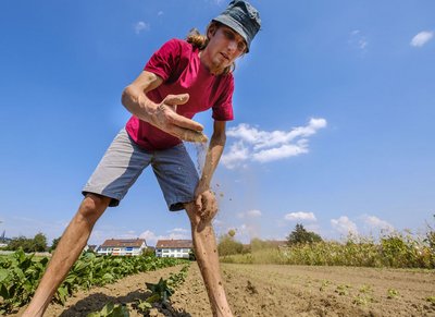 Lukas Dreyer vom Reyerhof in Stuttgart-Möhringen kämpft erfolgreich gegen Hitze und Dürre.