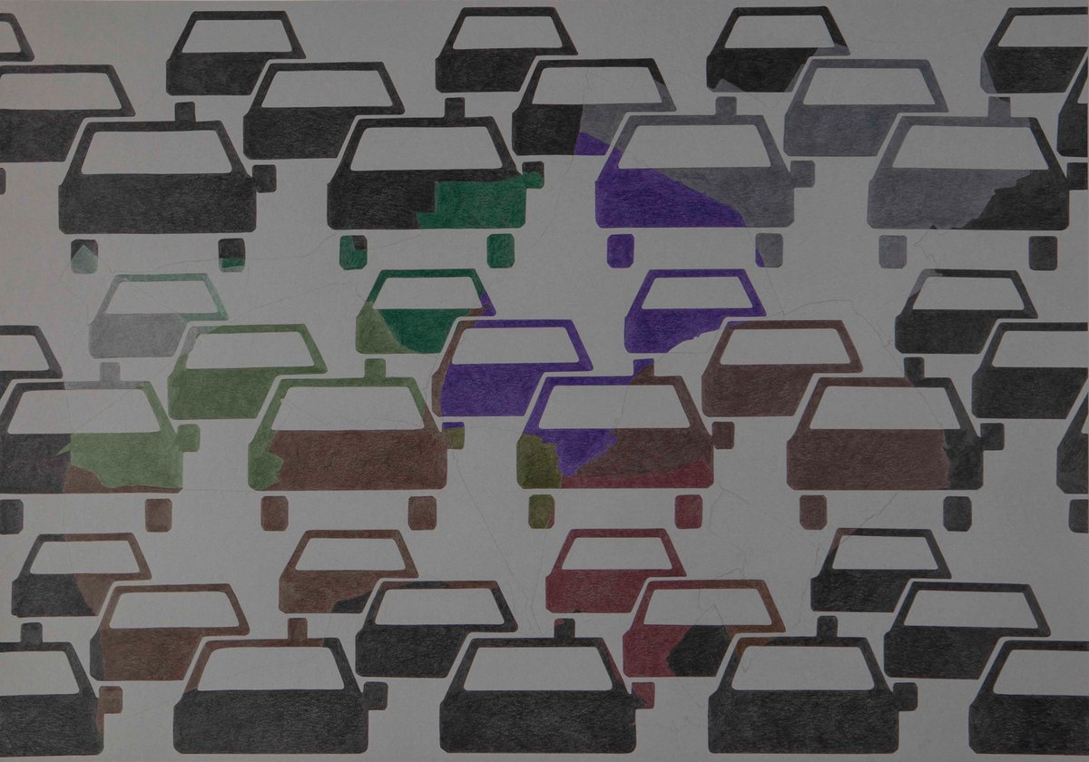 Zuffenhausen: "Animiert durch die plakative Bildsprache von Autoschildern", schreibt Ingenfurth, "ist hier das Stauzeichen von drei Autos hintereinander ins Vielfache multipliziert." Zuffenhausen: "Animiert durch die plakative Bildsprache von Autoschildern", schreibt Ingenfurth, "ist hier das Stauzeichen von drei Autos hintereinander ins Vielfache multipliziert."