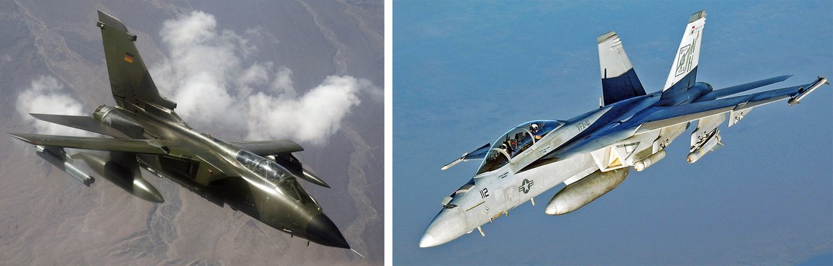 Als mögliche Atomwaffenträger sollen die alten Tornado-Jets der Bundeswehr (links) durch F-18-Kampfflugzeuge (rechts) ersetzt werden. Als mögliche Atomwaffenträger sollen die alten Tornado-Jets der Bundeswehr (links) durch F-18-Kampfflugzeuge (rechts) ersetzt werden. Fotos: <a href="https://commons.wikimedia.org/wiki/File:German_Panavia_Tornado.JPG" title="via Wikimedia Commons">Master Sgt. Kevin J. Gruenwald, U.S. Air Force</a>, Public domain; <a href="https://commons.wikimedia.org/wiki/File:FA-18_Hornet_VFA-41_retusche.jpg" title="via Wikimedia Commons">Service Depicted: NavyCamera Operator: TSGT ROB TABOR, USAF, derivative work Lämpel</a>, Public domain