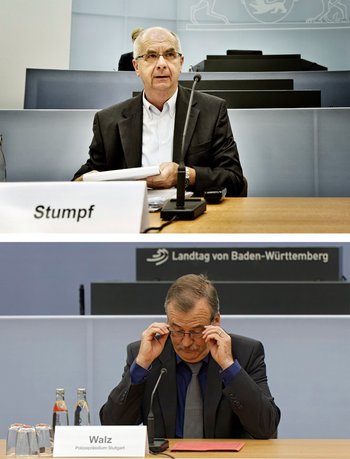 Der ehemalige Polizeipräsident Siegfried Stumpf (oben) und sein Stellvertreter Norbert Walz im Untersuchungsausschuss zum Schwarzen Donnerstag. Fotos: Martin Storz