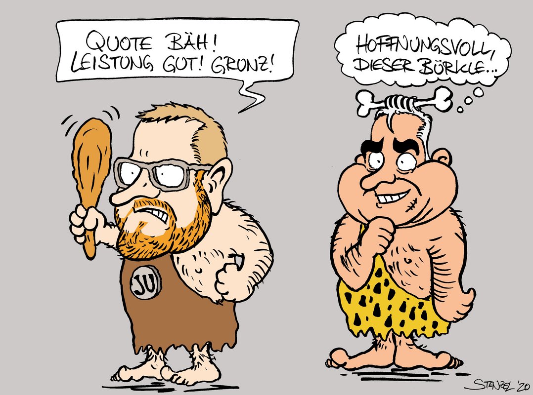 JU-Landeschef Philipp Bürkle bei der Traditionspflege. Karikatur: Oliver Stenzel