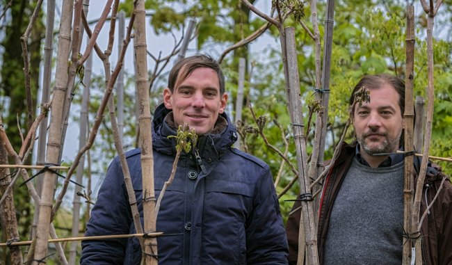 In ihrem Versuchsfeld voll Biobaumaterial: Oliver Storz und Hannes Schwertfeger.