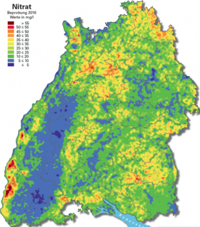 Nitrat im oberflächennahen Grundwasser, gemessen Sept./Okt. 2016. Quelle: LUBW