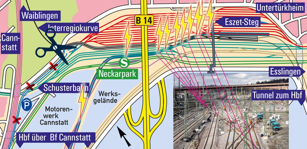 Blitze markieren Kreuzungen von Gleis 4711. Rot der geplante Abstellbahnhof, links die gekappten Gleise der Nordanbindung. Grafik: Peter Gierhardt
