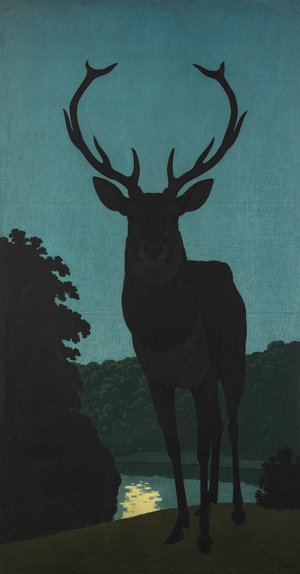 Fritz Lang: Hirsch frontal vor Wasser mit Mondspiegelung, 1932, Öl auf Leinwand, 151 x 80 cm, Kunstmuseum Stuttgart. Foto: Frank Kleinbach