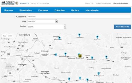 Dienststellenfinder der Polizei Baden-Württemberg. Screenshot. 