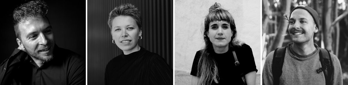 "Die Schwarzen" hinter der Bühne, beteiligt an einzelnen Episoden: Intendant Peer Mia Ripberger und die Autor:innen Leonie Lorena Wyss, Anaïs Clerc und Caspar-Maria Russo (von links). Fotos: Ken Werner, Julia Dragosits, Zimmertheater