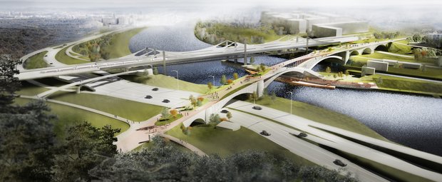 Vorschlag der Ingenieure von Schlaich Bergermann Partner, Stuttgart, in Zusammenarbeit mit LAVA-Architekten, Berlin: Die beiden Hauptbögen der Eisenbahnbrücke sollen freigelegt und ein filigranes Brückendeck auf schlanken Stützen darauf angebracht werden. Visualisierung: SBP