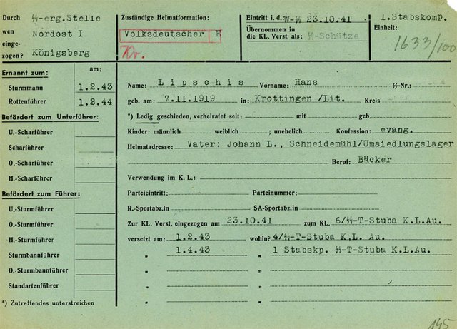 Nach 70 Jahren erstmals in U-Haft. Karteikarte von SS-Mann Hans Lipschis. Foto: Museum Auschwitz