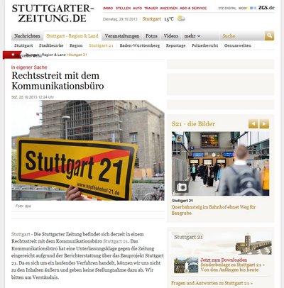 Nur online "in eigener Sache". Screenshot: stuttgarter-zeitung.de