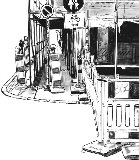 Verkehrsschilder und Baken im Weg.