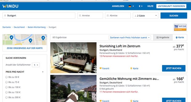 Private Zimmervermieter kassieren bis zum Fünffachen der üblichen Miete. Screenshot www.wimdu.de