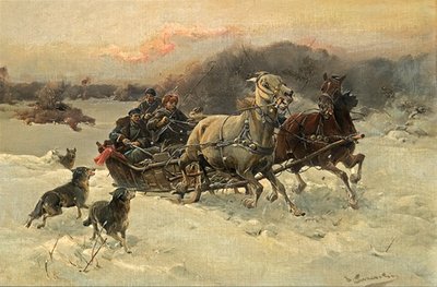 Wolfsangriff. Bild: J. Konarski, <a href="https://commons.wikimedia.org/wiki/File:Jan_Konarski_-_Napad_wilk%C3%B3w.jpg">via Wikimedia Commons</a>