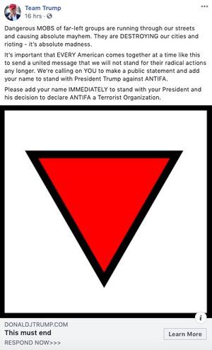 Mittlerweile gesperrter Post von Donald Trumps Wahlkampf-Team mit rotem Winkel. Screenshot: Facebook Mittlerweile gesperrter Post von Donald Trumps Wahlkampf-Team mit rotem Winkel. Screenshot: Facebook