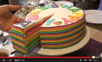 Regenbogen-Geburtstagstorte. Screenshot: Youtube