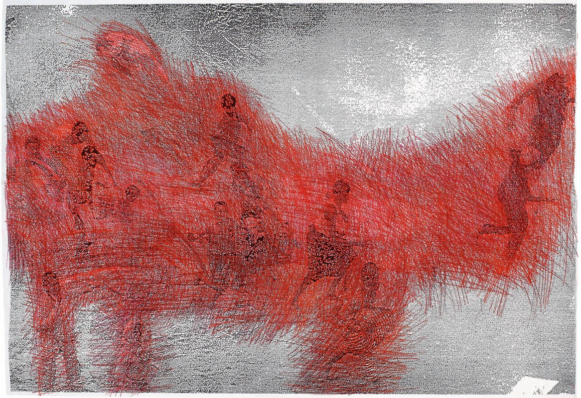 Spiel oder Flucht. 2013, Buntstift, 160 x 240 cm.