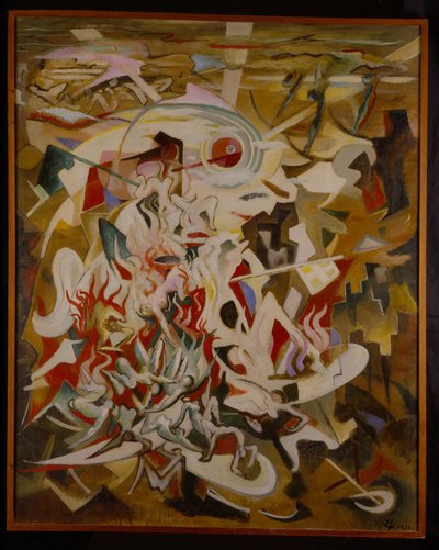 Oskar Zügel: Sieg der Gerechtigkeit. Untergang des Unsterns Hitler. Zerstörung Stuttgarts, 1934-46, Öl/Leinwand. Oskar-Zügel-Archiv.