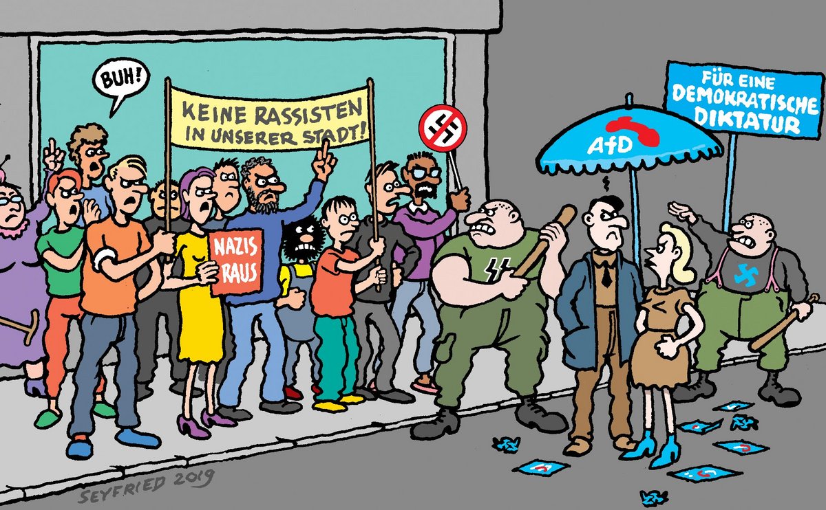 Karikatur: Gerhard Seyfried. Auch Seyfried, der große Meister des spitzen Griffels, gehört zum Kreis der Kontext-Unterstützer.