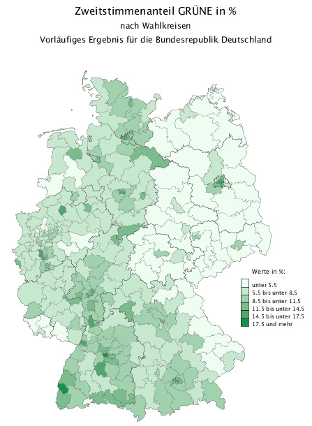 Zweitstimmen für die Grünen 2013 nach Wahlkreisen (voräufiges amtliches Endergebnis). Quelle: Bundeswahlleiter