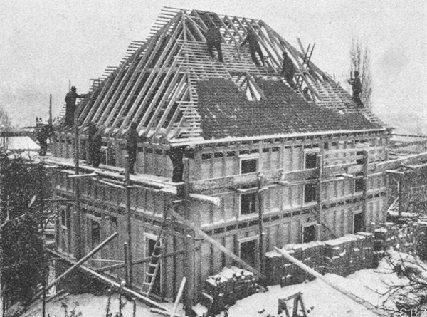 Am Abend des vierten Tages: "fabriziertes Fachwerk", Winter 1927/28. Abbildung: Schweizerische Bauzeitung