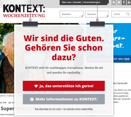 Nur ein leises Plopp – und Sie gehören zu den Guten. Screenshot: www.kontextwochenzeitung.de