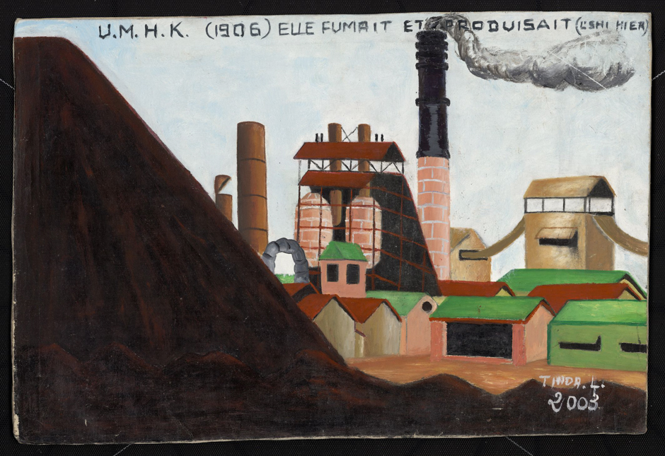 Tinda Limbwa, "UMHK (1906) Sie rauchte und produzierte", 2003. Die Union Minière du Haut Katanga in Lubumbashi, später Gécamines, haben Mobutu und Kabila verscherbelt; Sammlung Königliches Museum für Zentralafrika, Tervuren.