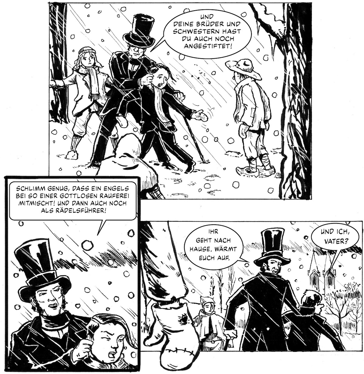 Große Erzählsprünge: Engels im Schneegestöber 1831 mit seinem autoritären, pietistischen Vater …