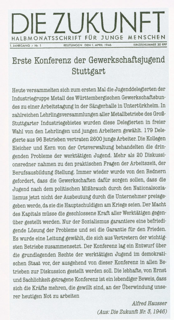 Artikel von Hausser in der Tübinger Zeitschrift "Die Zukunft". Foto: Privatarchiv Alfred Hausser